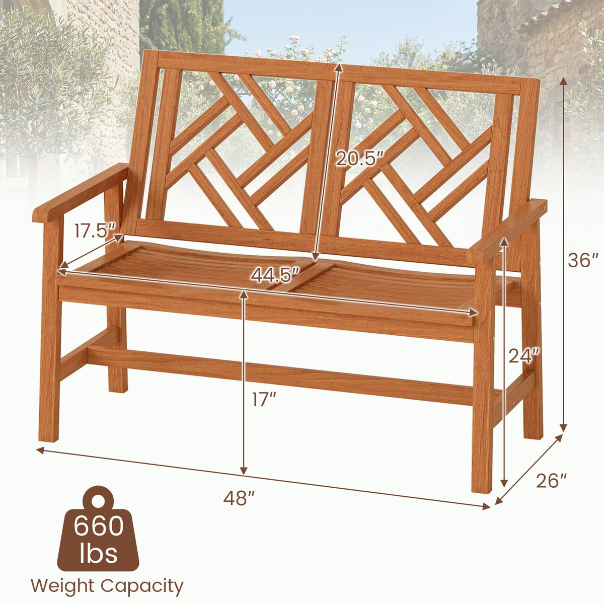 Outdoor Bench Wood 2-Person Patio Loveseat Chair with Geometric Backrest view 4