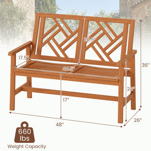 Outdoor Bench Wood 2-Person Patio Loveseat Chair with Geometric Backrest view 4