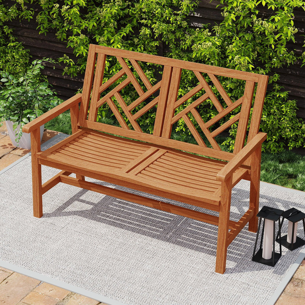 Outdoor Bench Wood 2-Person Patio Loveseat Chair with Geometric Backrest view 5