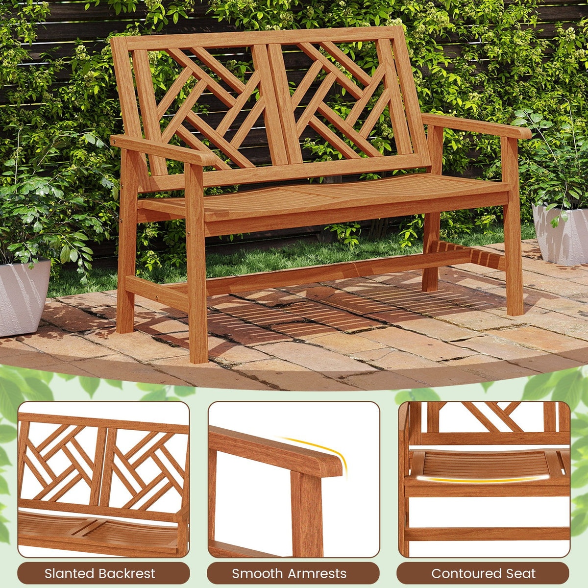 Outdoor Bench Wood 2-Person Patio Loveseat Chair with Geometric Backrest view 7