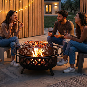 Outdoor Black Fire Pit with Adjustable and Rotatable Grill Grate Breathable Mesh & Outer Ring for BBQ-30 Inches view 3