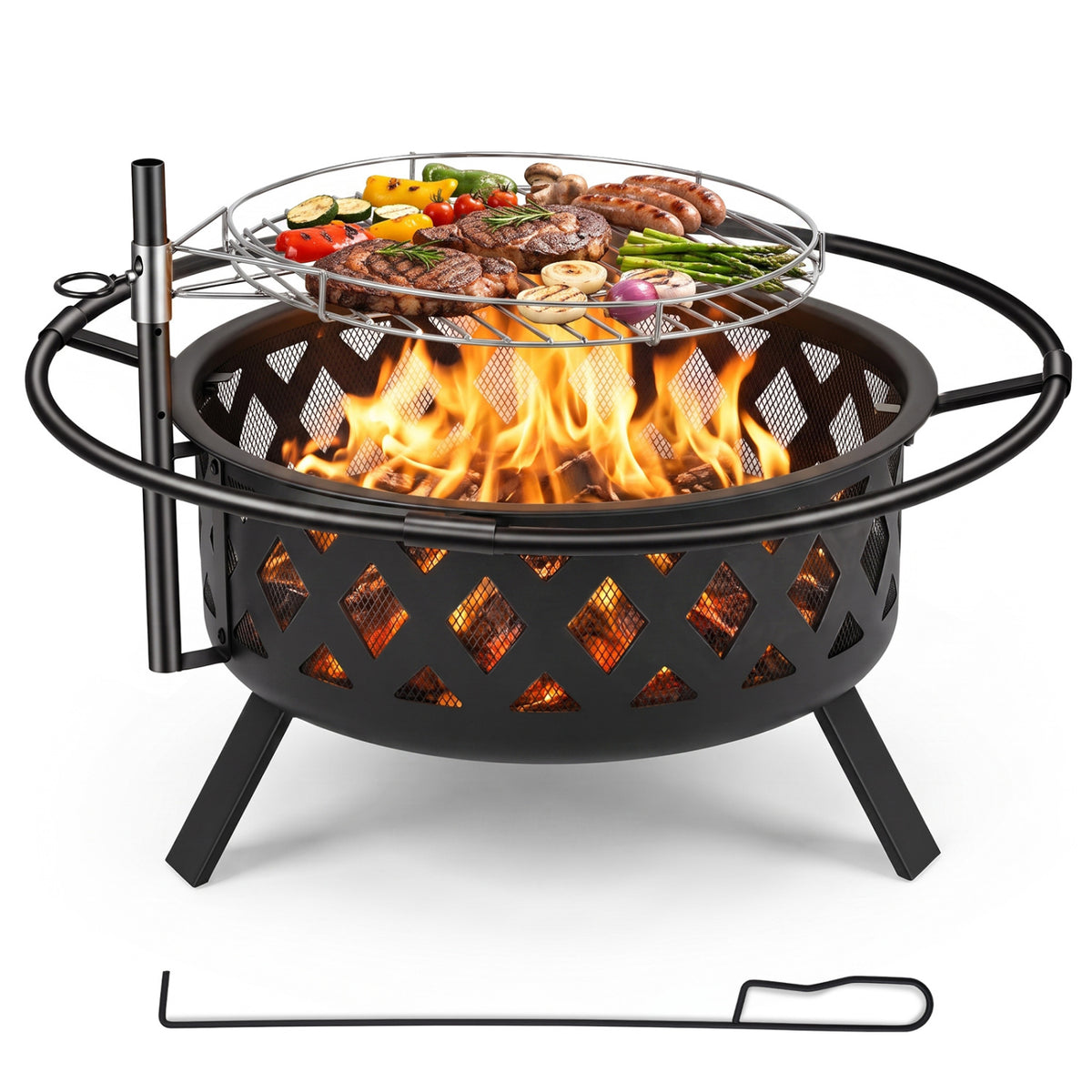 Outdoor Black Fire Pit with Adjustable and Rotatable Grill Grate Breathable Mesh & Outer Ring for BBQ-30 Inches view 4