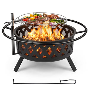 Outdoor Black Fire Pit with Adjustable and Rotatable Grill Grate Breathable Mesh & Outer Ring for BBQ-30 Inches view 4