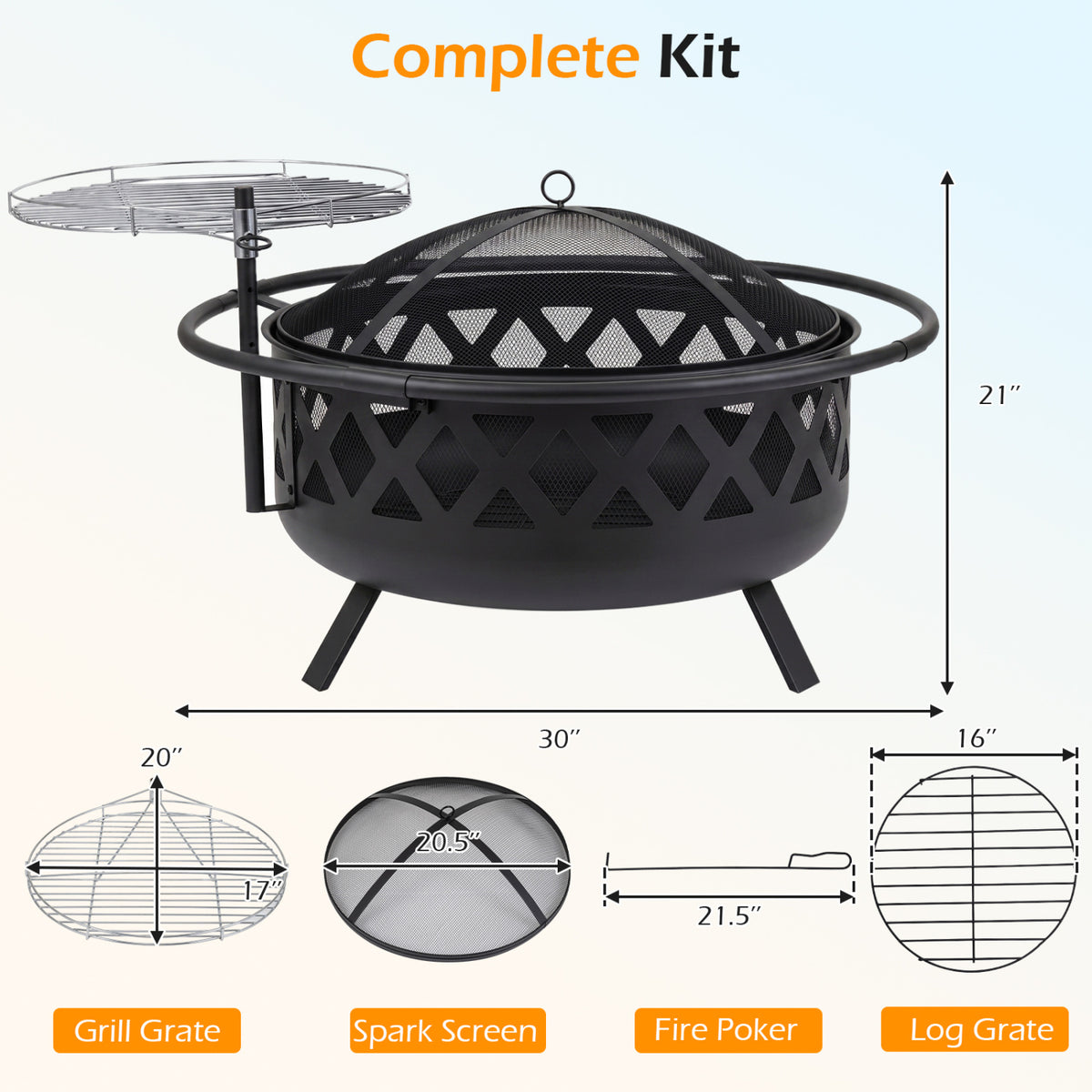Outdoor Black Fire Pit with Adjustable and Rotatable Grill Grate Breathable Mesh & Outer Ring for BBQ-30 Inches view 5