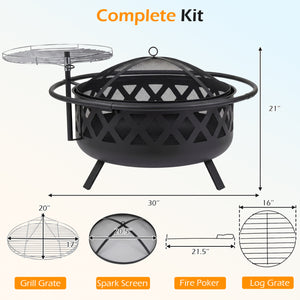 Outdoor Black Fire Pit with Adjustable and Rotatable Grill Grate Breathable Mesh & Outer Ring for BBQ-30 Inches view 5