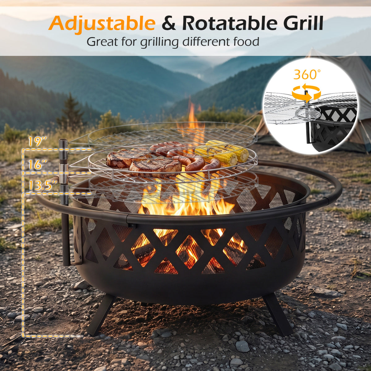 Outdoor Black Fire Pit with Adjustable and Rotatable Grill Grate Breathable Mesh & Outer Ring for BBQ-30 Inches view 7