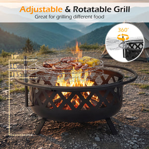 Outdoor Black Fire Pit with Adjustable and Rotatable Grill Grate Breathable Mesh & Outer Ring for BBQ-30 Inches view 7