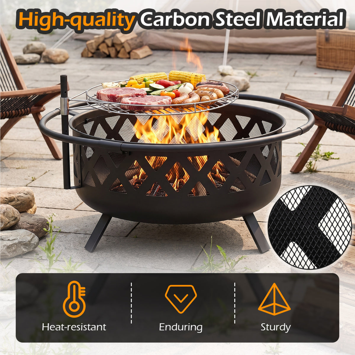 Outdoor Black Fire Pit with Adjustable and Rotatable Grill Grate Breathable Mesh & Outer Ring for BBQ-30 Inches view 8