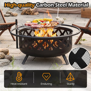 Outdoor Black Fire Pit with Adjustable and Rotatable Grill Grate Breathable Mesh & Outer Ring for BBQ-30 Inches view 8