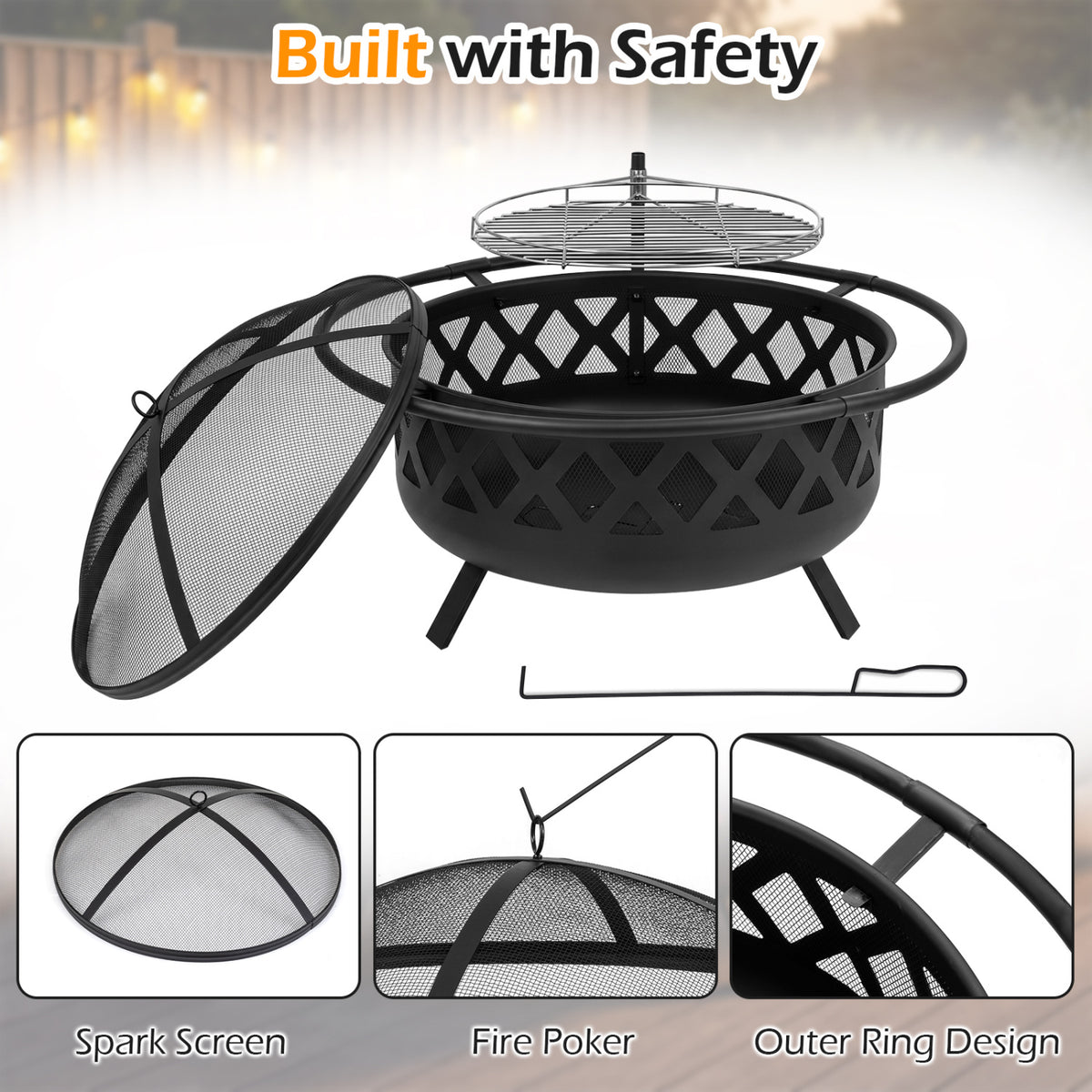 Outdoor Black Fire Pit with Adjustable and Rotatable Grill Grate Breathable Mesh & Outer Ring for BBQ-30 Inches view 9