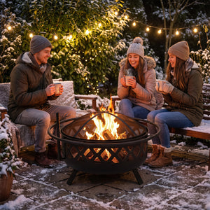Outdoor Black Fire Pit with Adjustable and Rotatable Grill Grate Breathable Mesh & Outer Ring for BBQ-36 Inches view 2