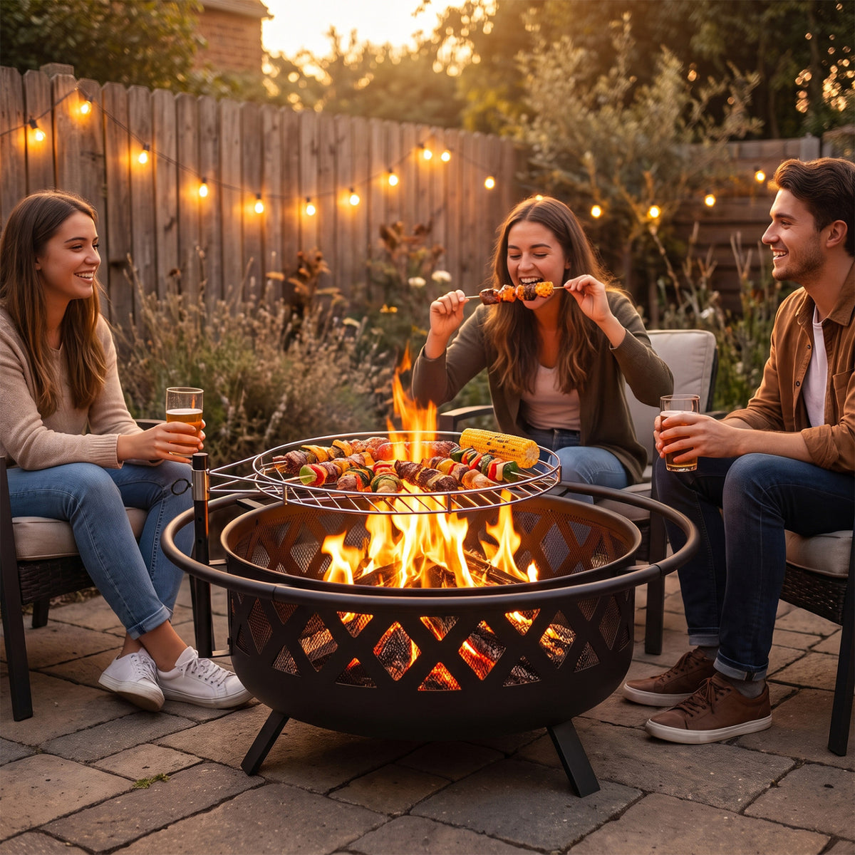Outdoor Black Fire Pit with Adjustable and Rotatable Grill Grate Breathable Mesh & Outer Ring for BBQ-36 Inches view 3