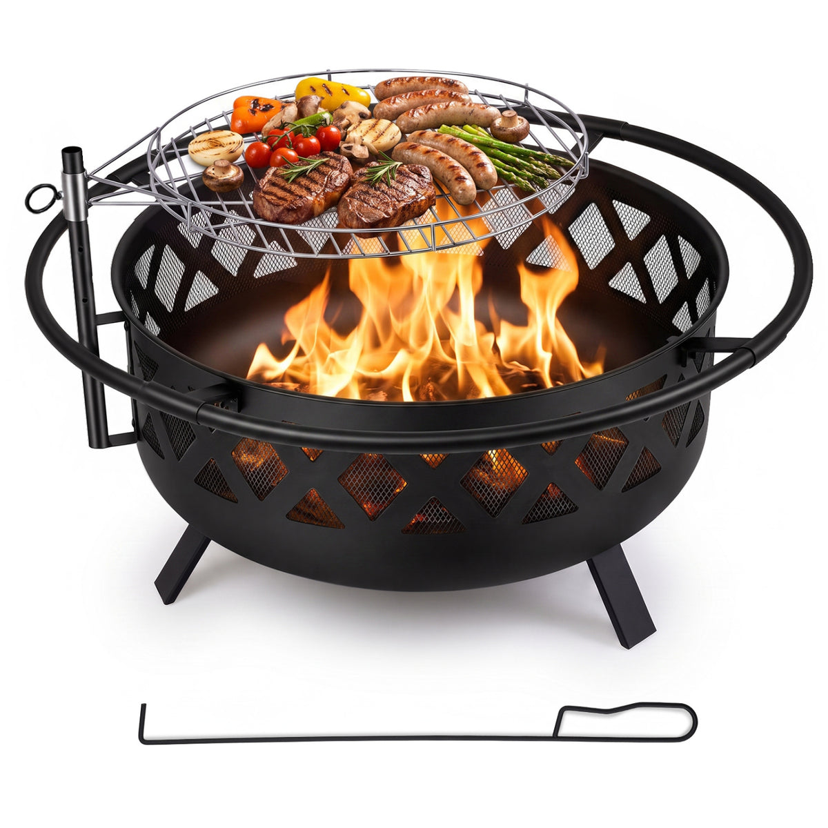 Outdoor Black Fire Pit with Adjustable and Rotatable Grill Grate Breathable Mesh & Outer Ring for BBQ-36 Inches view 4
