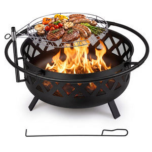 Outdoor Black Fire Pit with Adjustable and Rotatable Grill Grate Breathable Mesh & Outer Ring for BBQ-36 Inches view 4