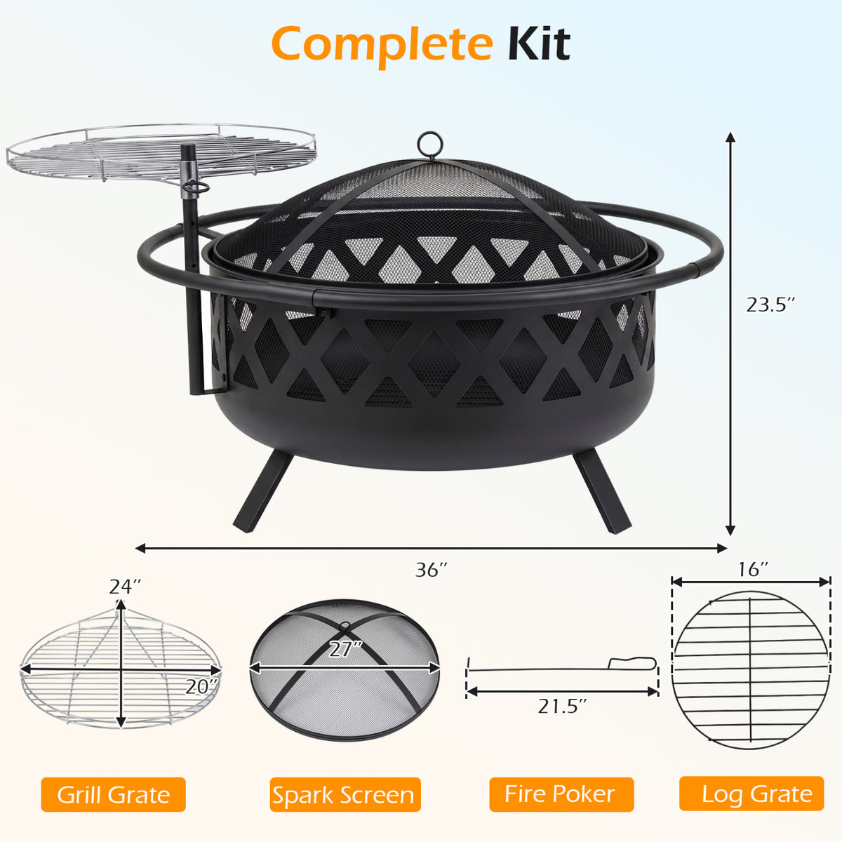 Outdoor Black Fire Pit with Adjustable and Rotatable Grill Grate Breathable Mesh & Outer Ring for BBQ-36 Inches view 5
