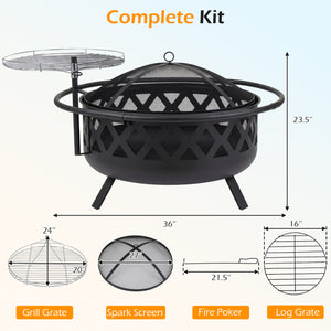 Outdoor Black Fire Pit with Adjustable and Rotatable Grill Grate Breathable Mesh & Outer Ring for BBQ-36 Inches view 5