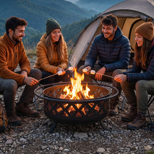 Outdoor Black Fire Pit with Adjustable and Rotatable Grill Grate Breathable Mesh & Outer Ring for BBQ-36 Inches view 6