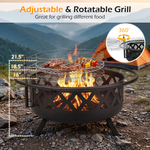 Outdoor Black Fire Pit with Adjustable and Rotatable Grill Grate Breathable Mesh & Outer Ring for BBQ-36 Inches view 7