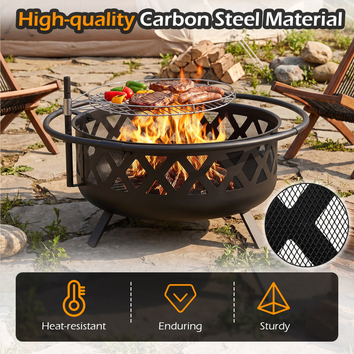 Outdoor Black Fire Pit with Adjustable and Rotatable Grill Grate Breathable Mesh & Outer Ring for BBQ-36 Inches view 8
