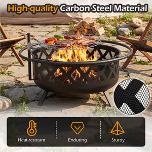 Outdoor Black Fire Pit with Adjustable and Rotatable Grill Grate Breathable Mesh & Outer Ring for BBQ-36 Inches view 8