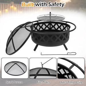 Outdoor Black Fire Pit with Adjustable and Rotatable Grill Grate Breathable Mesh & Outer Ring for BBQ-36 Inches view 9
