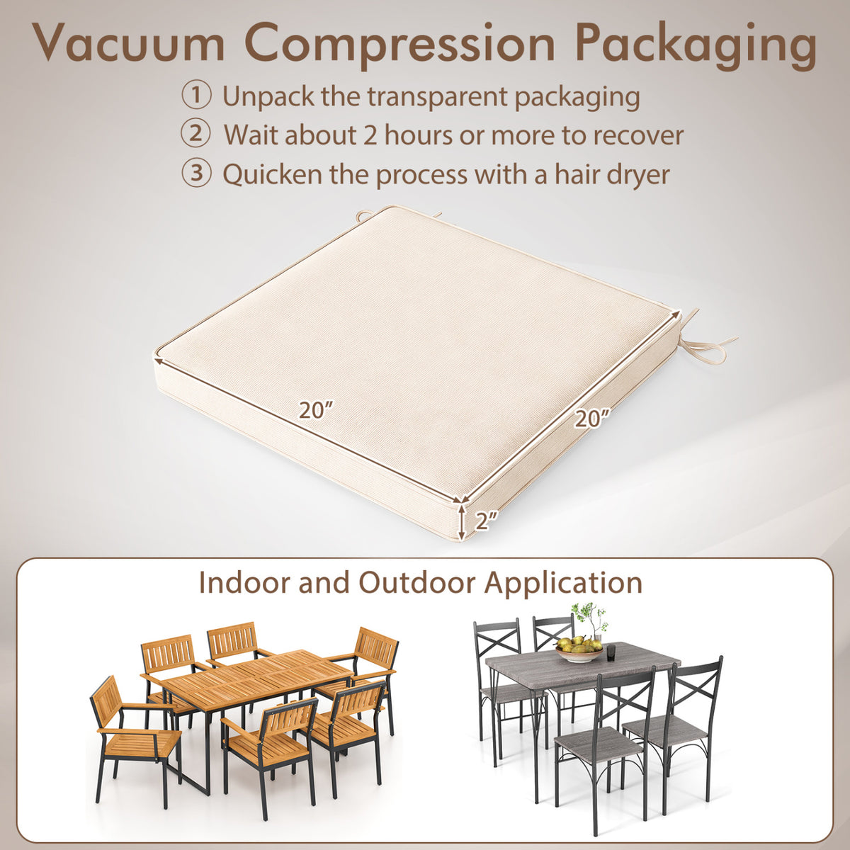 Outdoor Chair Cushion Set of 2 Waterproof Fade-Resistant Olefin Seat Cushions-Beige view 4