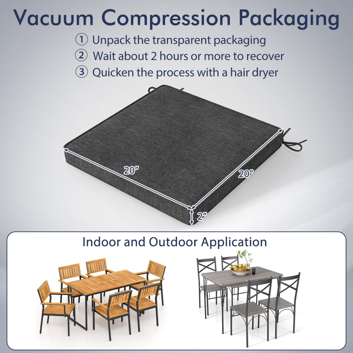 Outdoor Chair Cushion Set of 2 Waterproof Fade-Resistant Olefin Seat Cushions-Gray view 4
