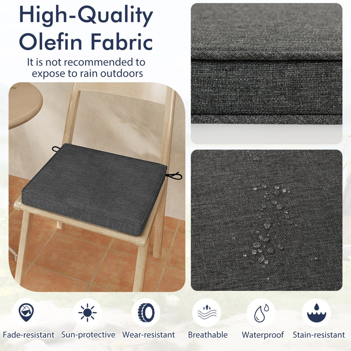 Outdoor Chair Cushion Set of 2 Waterproof Fade-Resistant Olefin Seat Cushions-Gray view 6