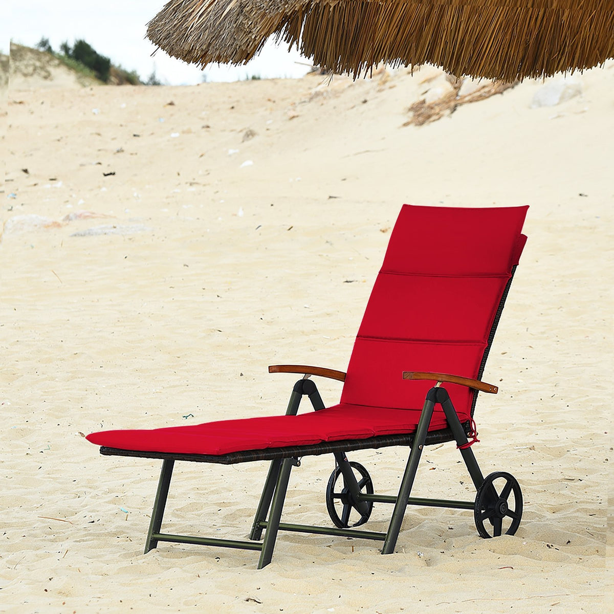 Outdoor Chaise Lounge Chair Rattan Lounger Recliner Chair-Red view 2