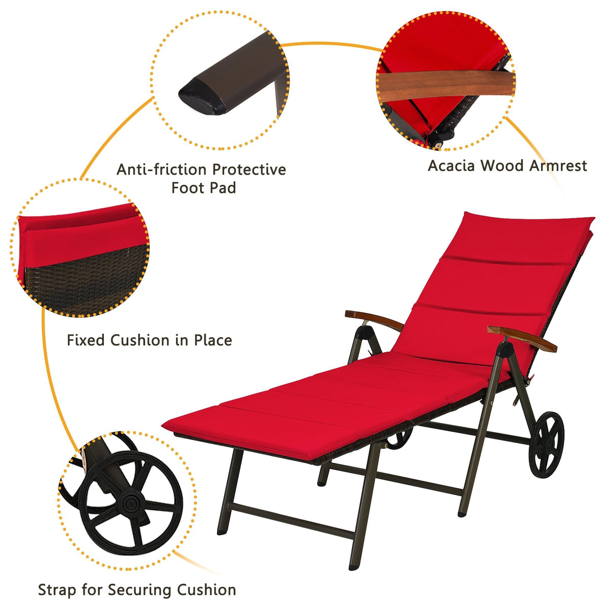 Outdoor Chaise Lounge Chair Rattan Lounger Recliner Chair-Red view 5