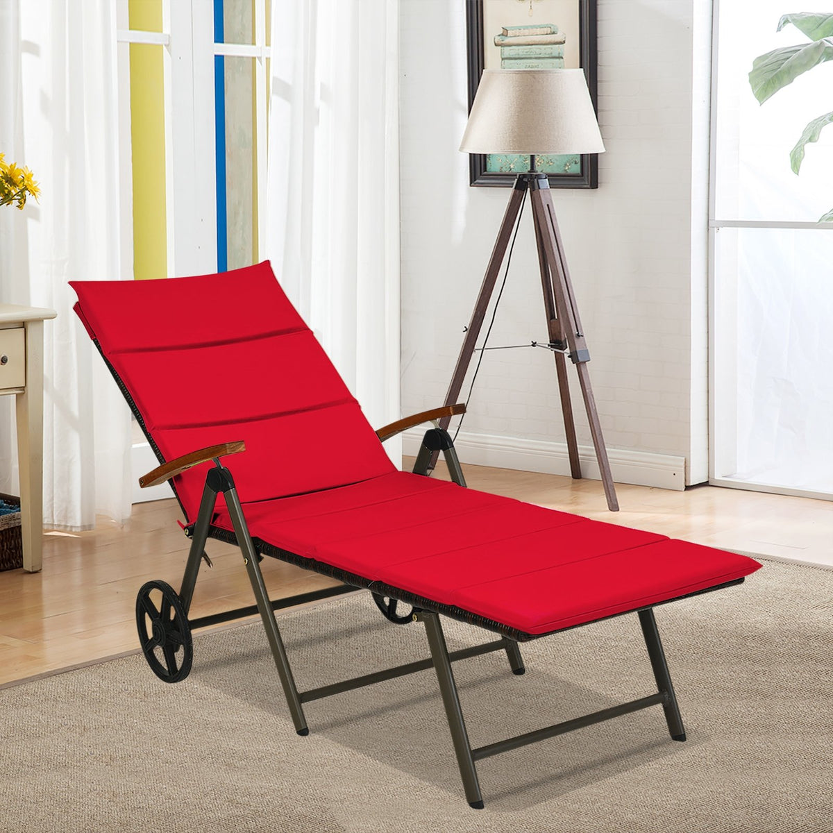 Outdoor Chaise Lounge Chair Rattan Lounger Recliner Chair-Red view 6