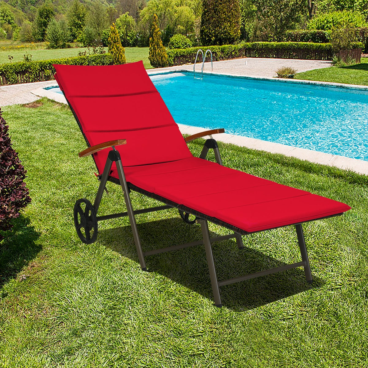 Outdoor Chaise Lounge Chair Rattan Lounger Recliner Chair-Red view 7