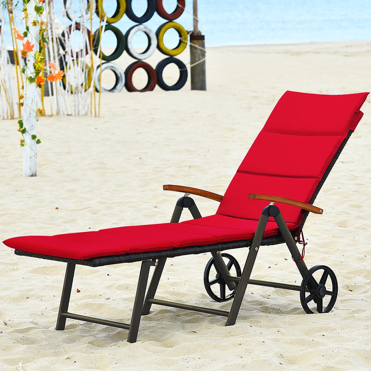 Outdoor Chaise Lounge Chair Rattan Lounger Recliner Chair-Red view 8