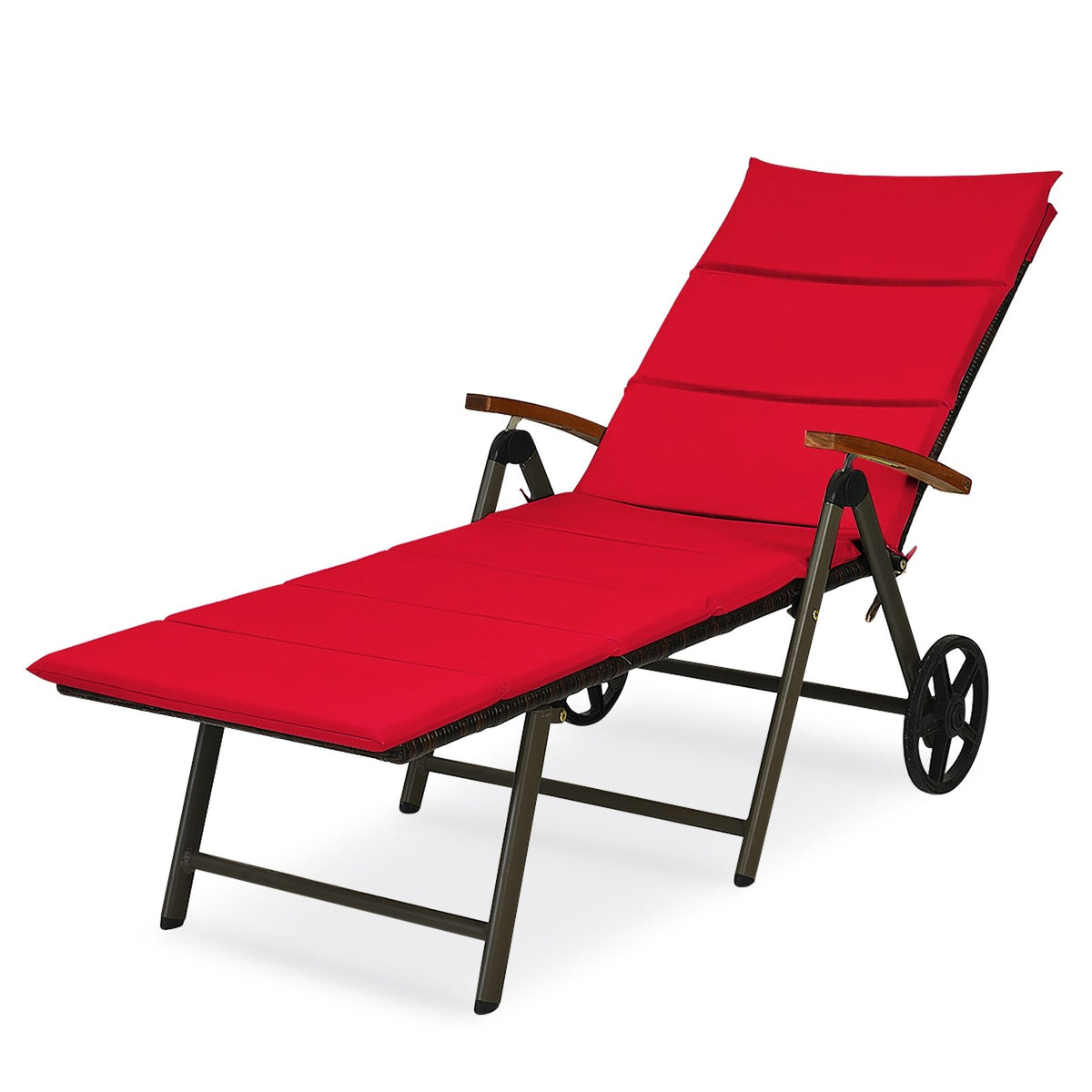 Outdoor Chaise Lounge Chair Rattan Lounger Recliner Chair-Red view 9