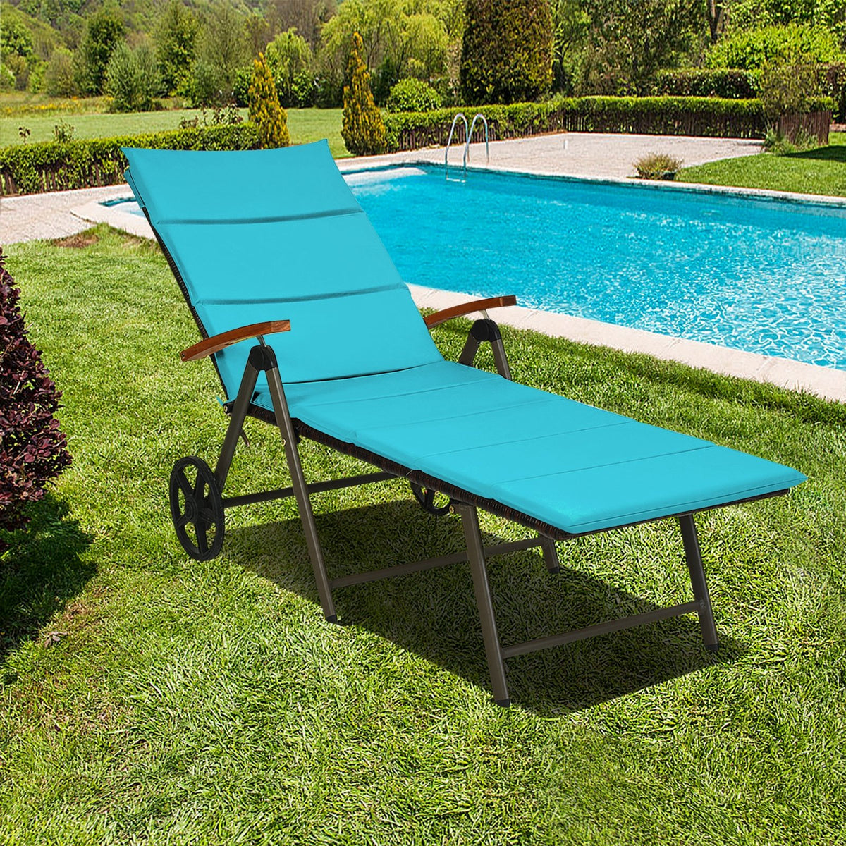 Outdoor Chaise Lounge Chair Rattan Lounger Recliner Chair-Turquoise view 2