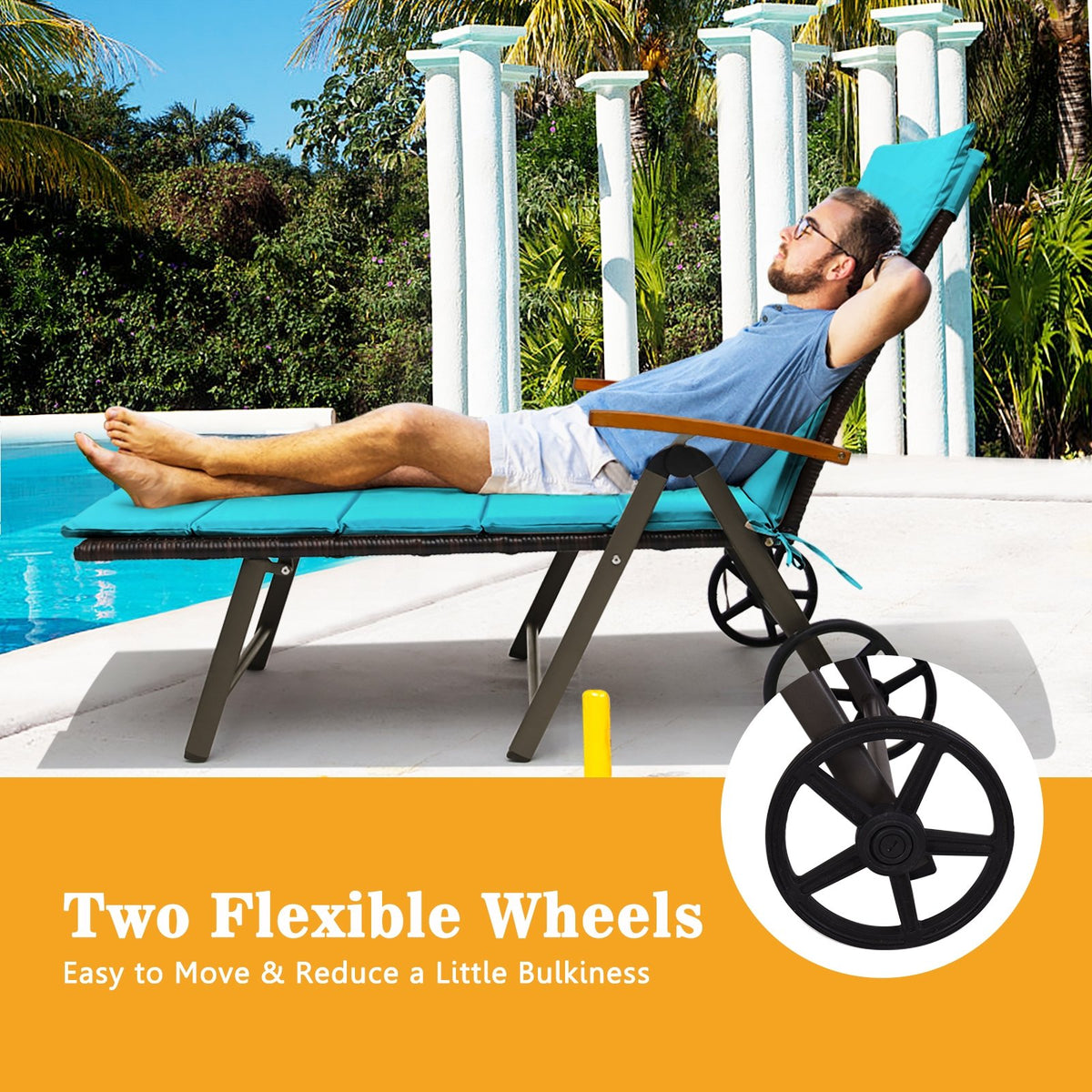 Outdoor Chaise Lounge Chair Rattan Lounger Recliner Chair-Turquoise view 3