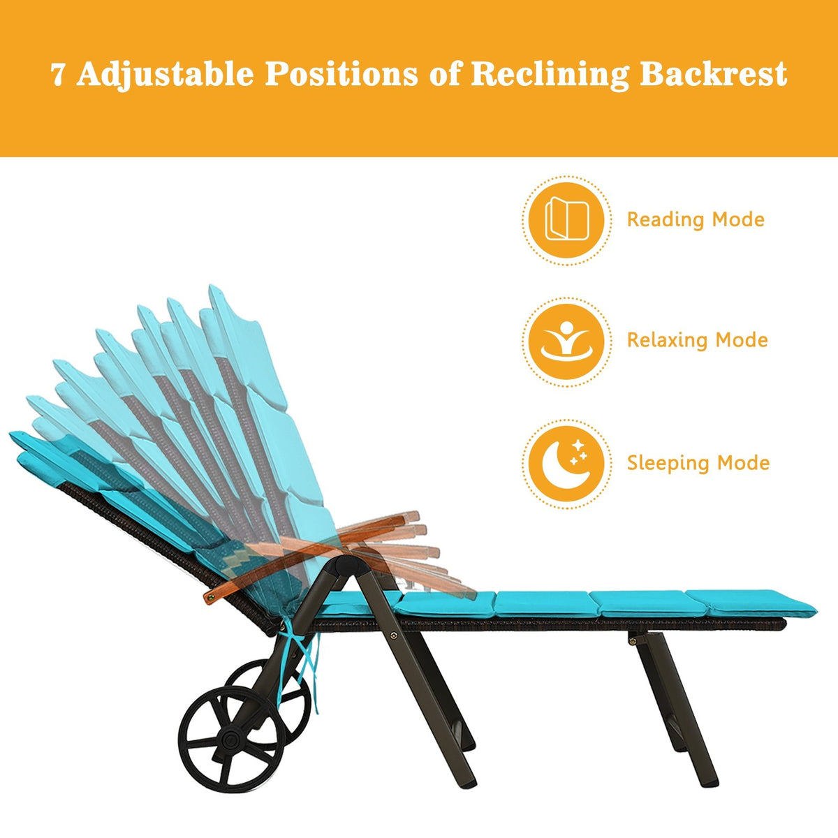 Outdoor Chaise Lounge Chair Rattan Lounger Recliner Chair-Turquoise view 5