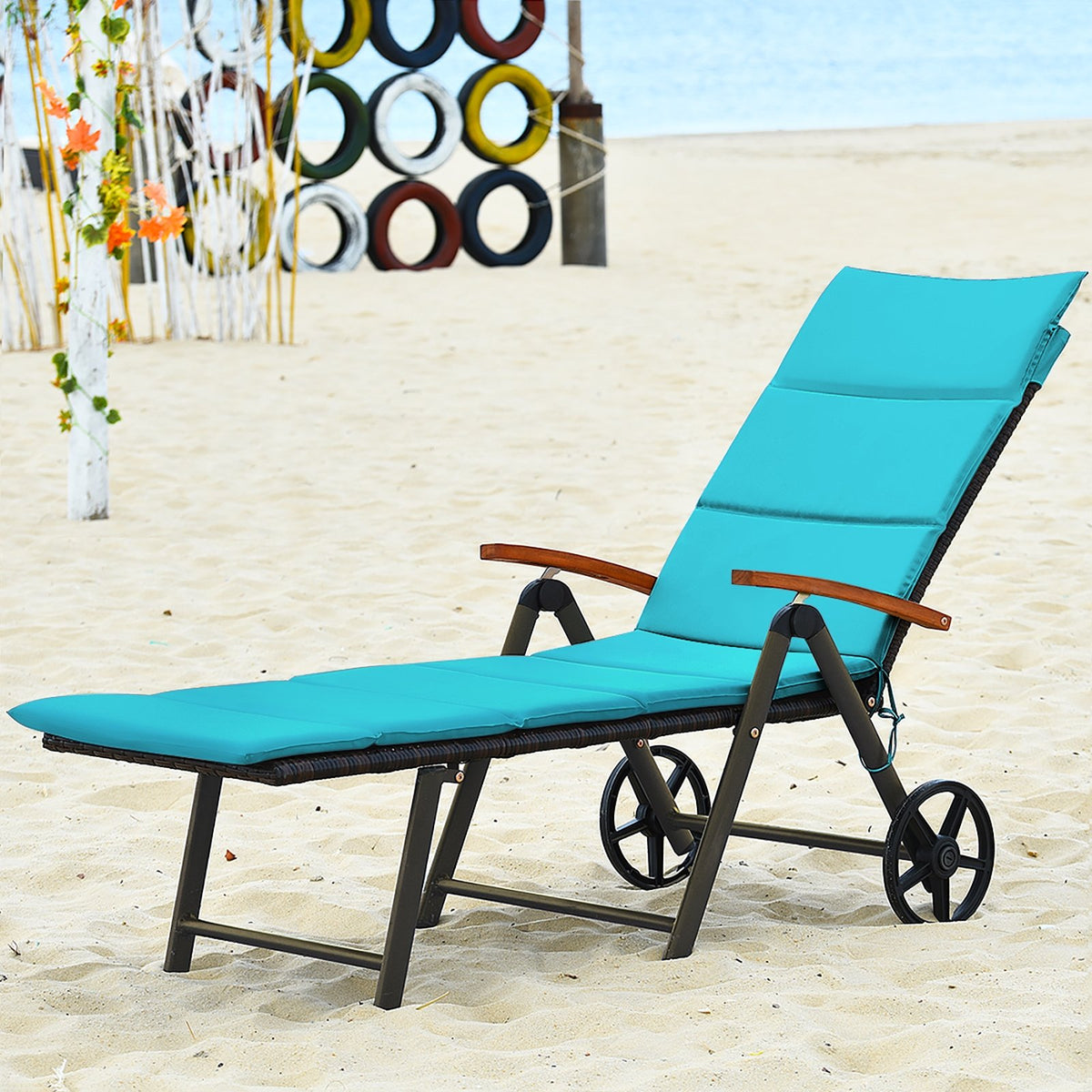 Outdoor Chaise Lounge Chair Rattan Lounger Recliner Chair-Turquoise view 8