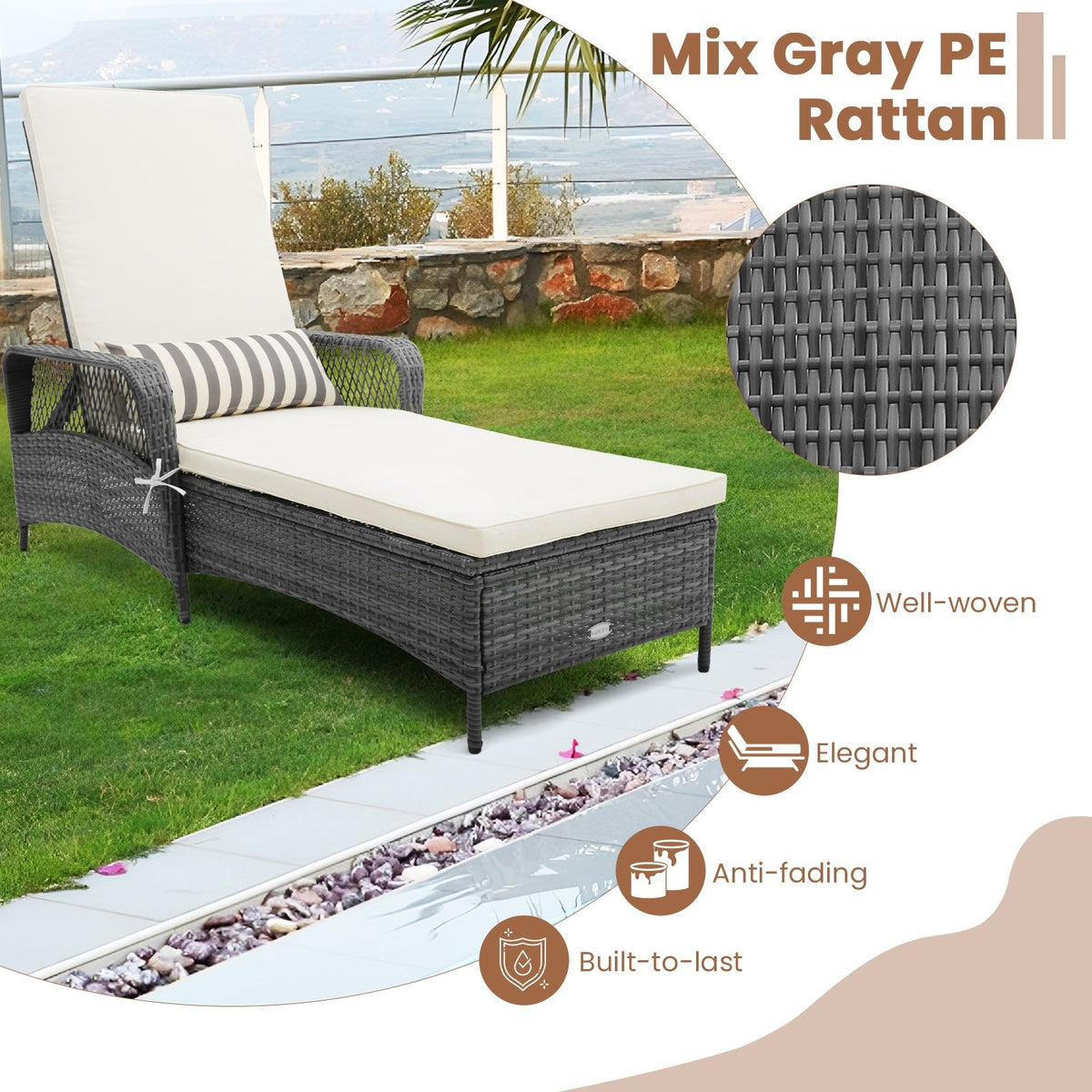 Outdoor Chaise Lounge Chair Recliner with 6-Level Backrest Cushion and Pillow view 5