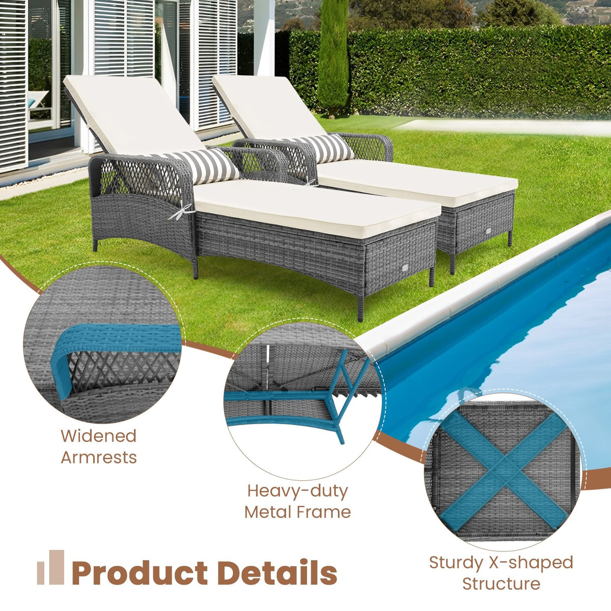 Outdoor Chaise Lounge Chair Recliner with 6-Level Backrest Cushion and Pillow view 8