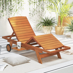 Outdoor Chaise Lounge Chair with Wheels 4-Position Patio Wood Recliner with Adjustable Backrest view 2