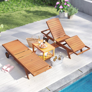 Outdoor Chaise Lounge Chair with Wheels 4-Position Patio Wood Recliner with Adjustable Backrest view 3