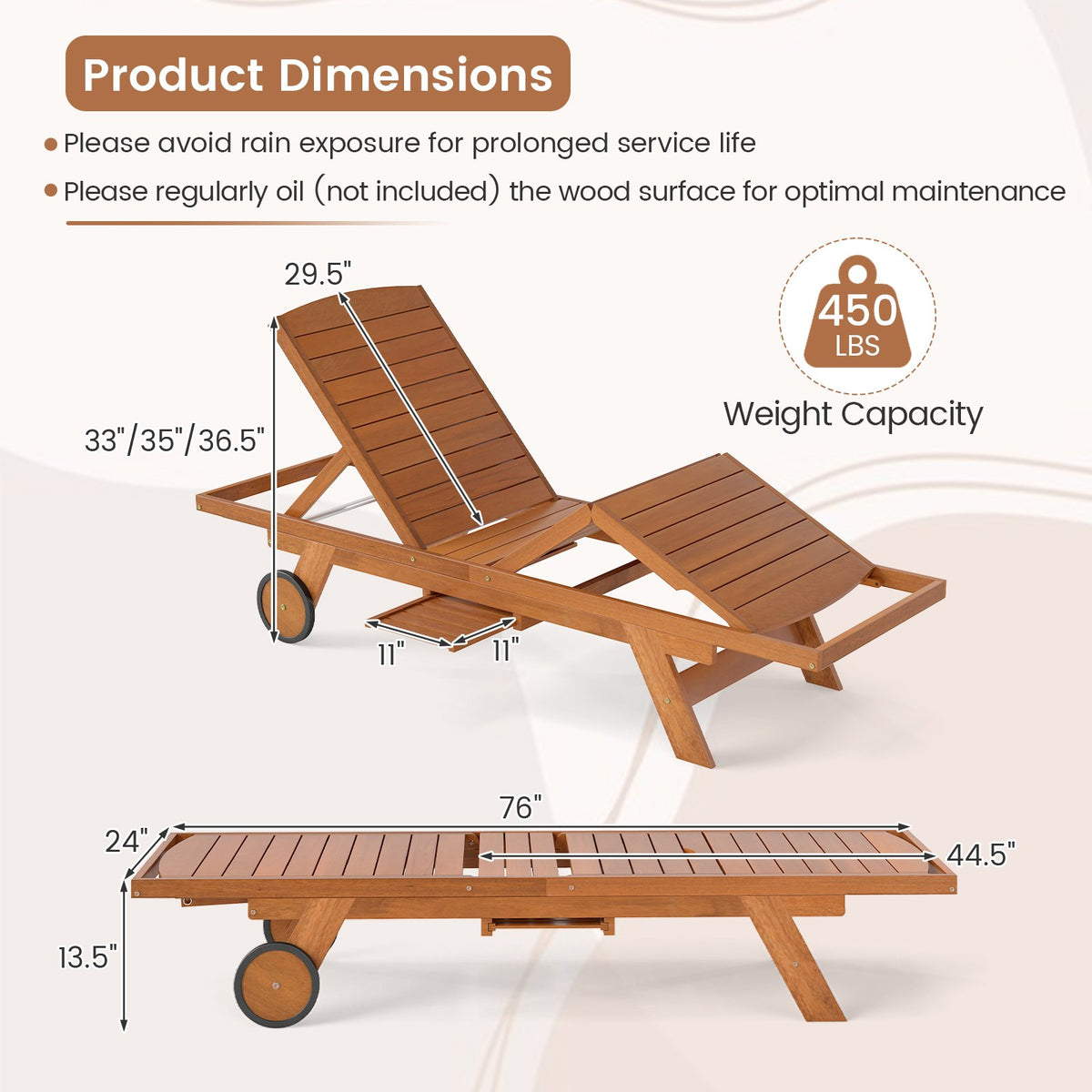 Outdoor Chaise Lounge Chair with Wheels 4-Position Patio Wood Recliner with Adjustable Backrest view 5
