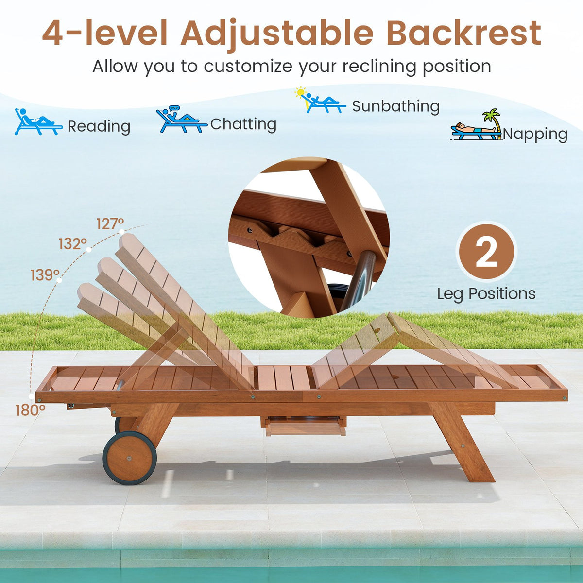 Outdoor Chaise Lounge Chair with Wheels 4-Position Patio Wood Recliner with Adjustable Backrest view 6