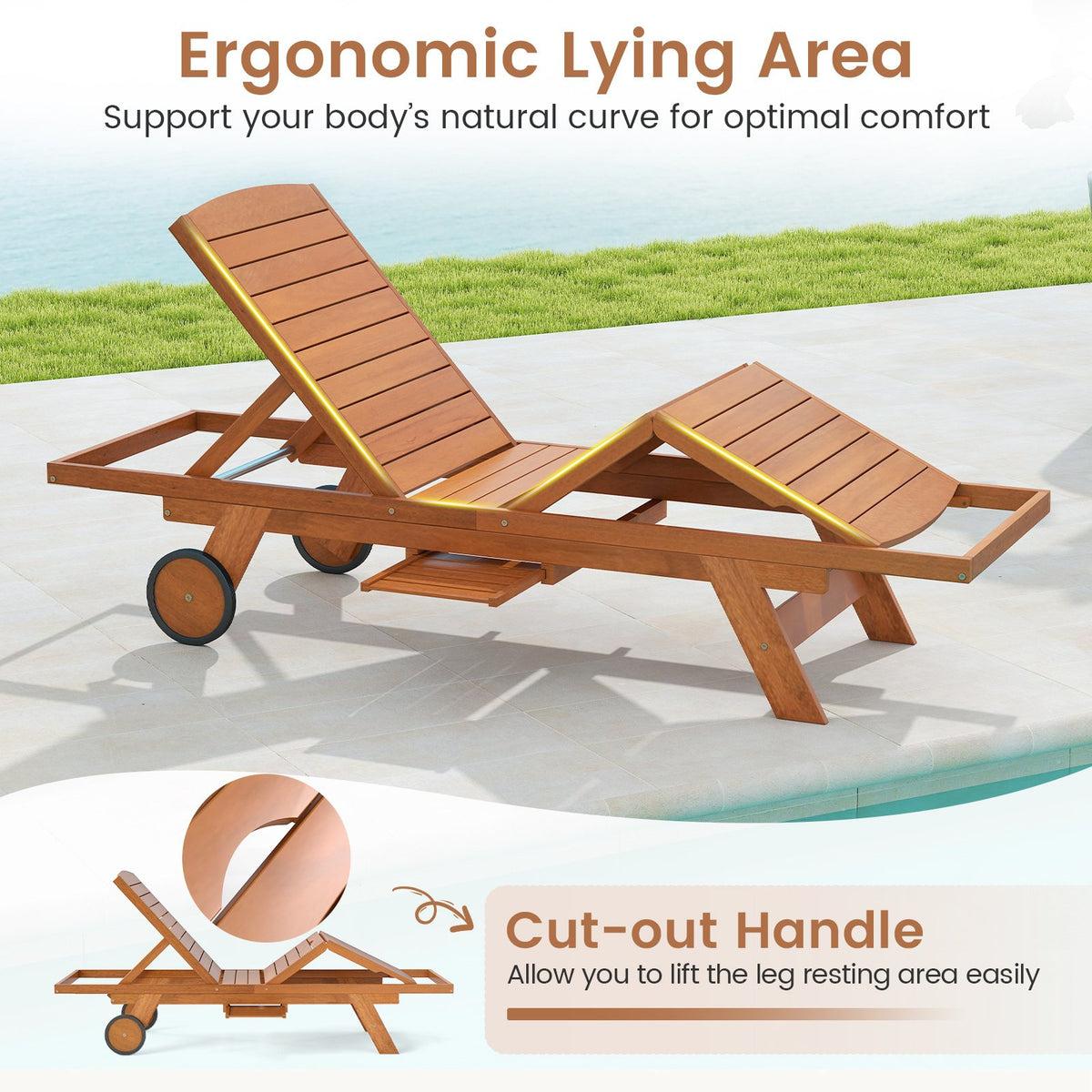 Outdoor Chaise Lounge Chair with Wheels 4-Position Patio Wood Recliner with Adjustable Backrest view 7