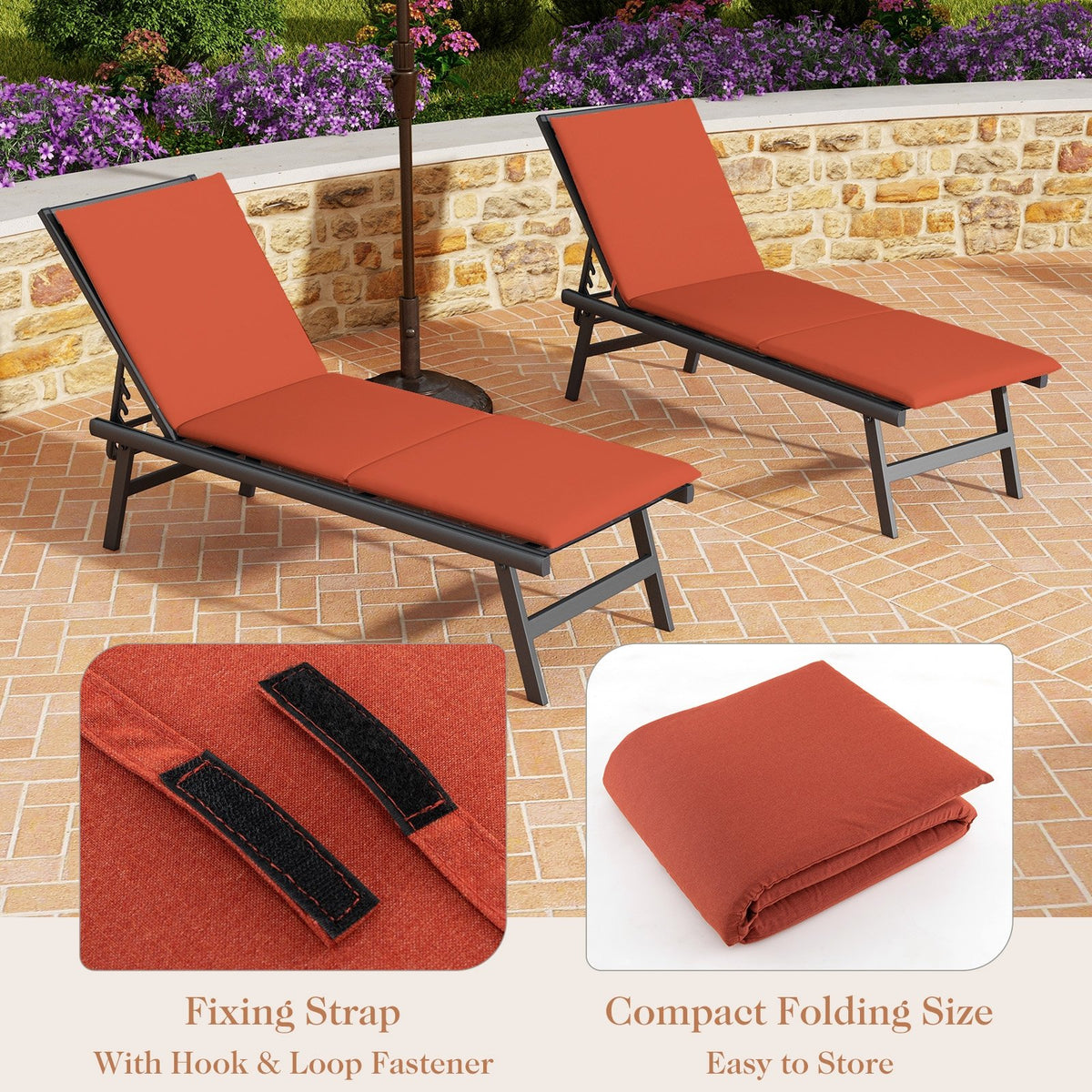 Outdoor Chaise Lounge Cushion Patio Furniture Folding Pad with Fixing Straps-Orange view 5