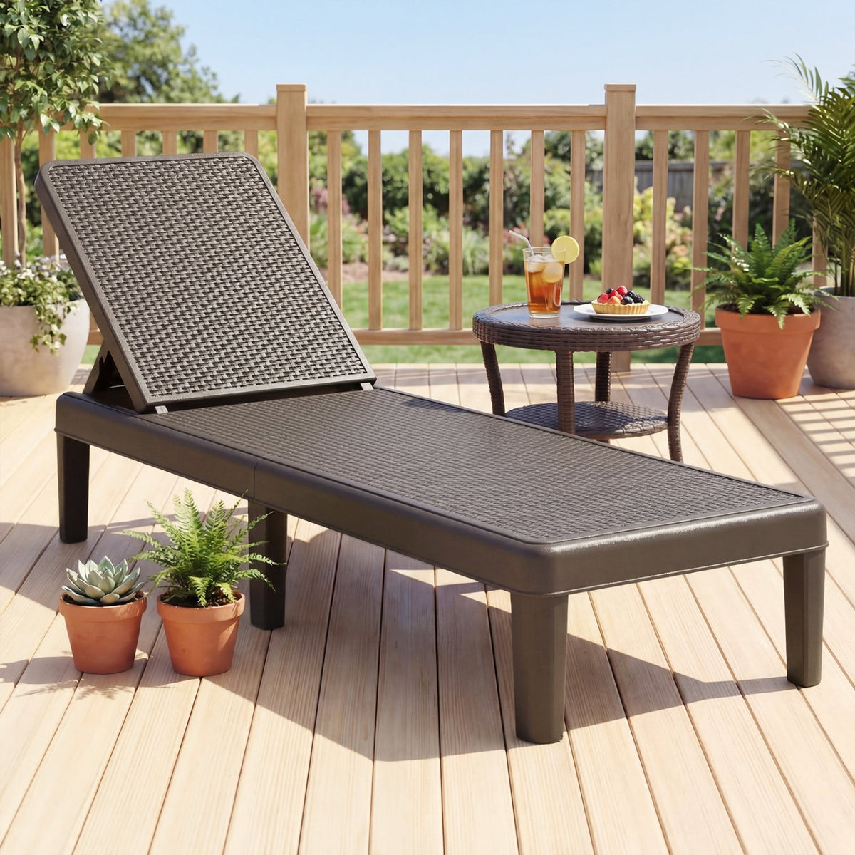 Outdoor Chaise Lounger Chair with Waterproof Rattan Textured PP Surface and 330 lbs Capacity-Brown view 2