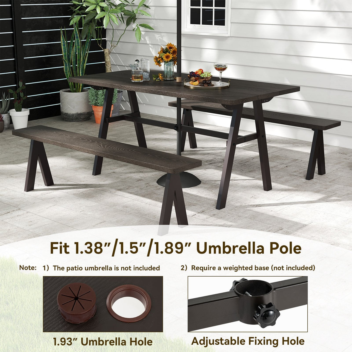 Outdoor Dining Tale for 6 with 1.93 Inch Umbrella Hole for Garden-Dark Brown view 9