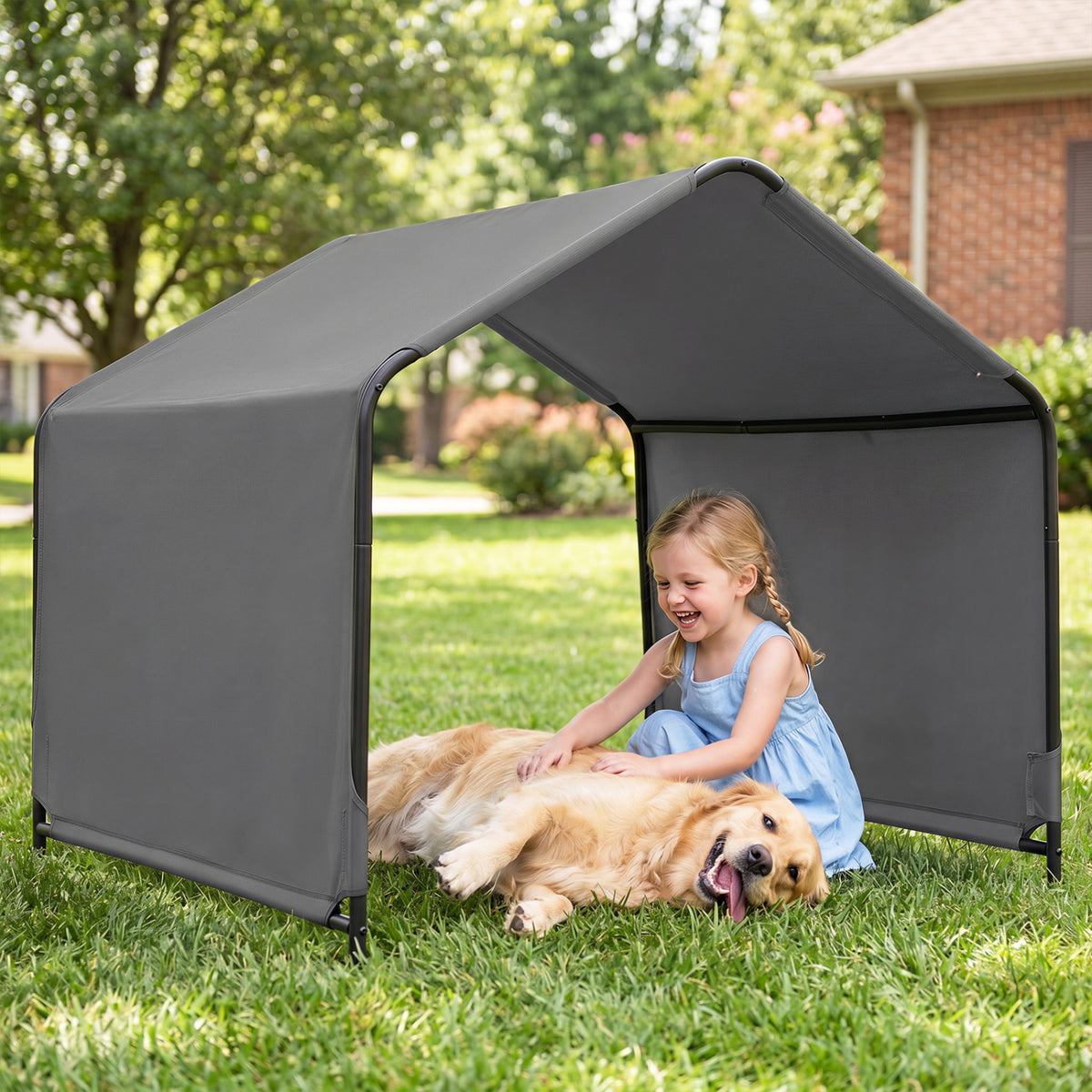 Outdoor Dog Shade Shelter with Waterproof Roof and Ground Stakes for Deck-Gray view 2