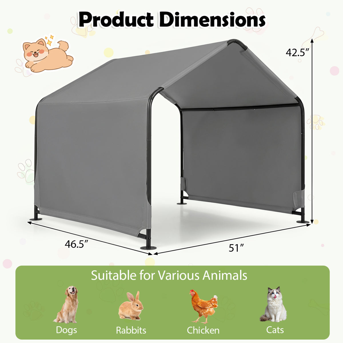 Outdoor Dog Shade Shelter with Waterproof Roof and Ground Stakes for Deck-Gray view 4